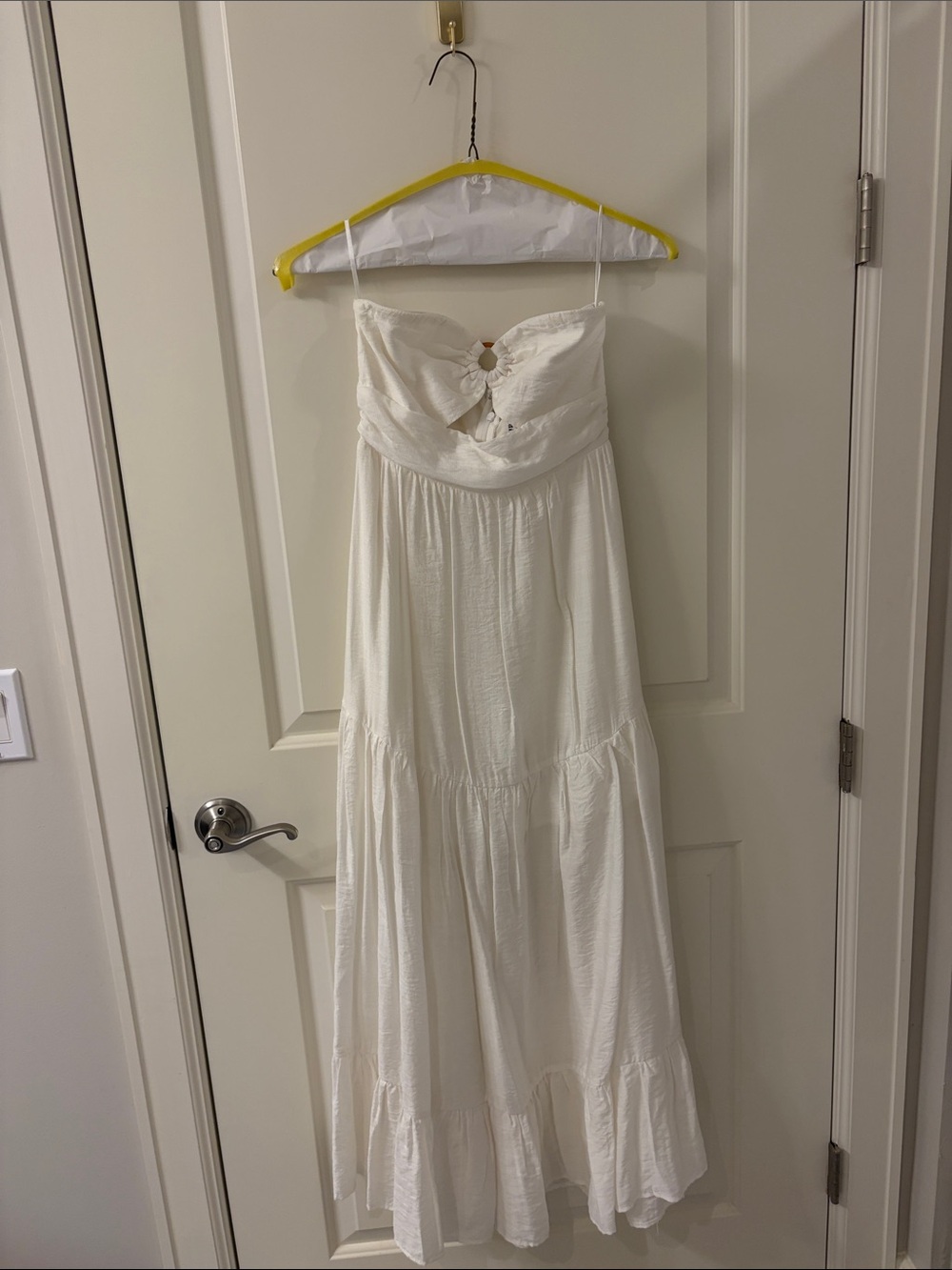 Strapless White Maxi Dress with Front Twist Detail